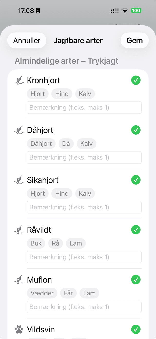 Jagtbare arter med artskategorier og kønsbetegnelser