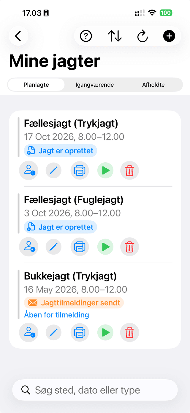 Mine jagter — oversigt over planlagte, igangværende og afsluttede jagter