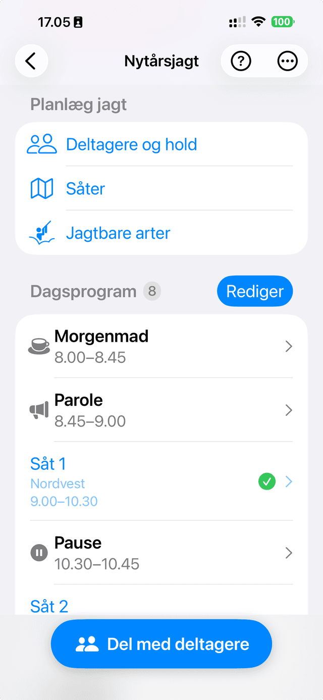 Planlæg jagt med dagsprogram, såter og deltagere